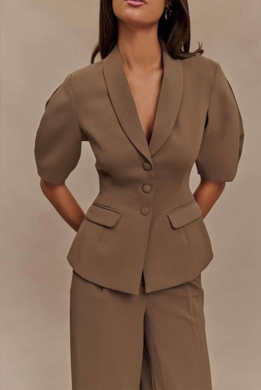 Meshki Opal Puff Sleeve Suiting Top - Cacao Brown